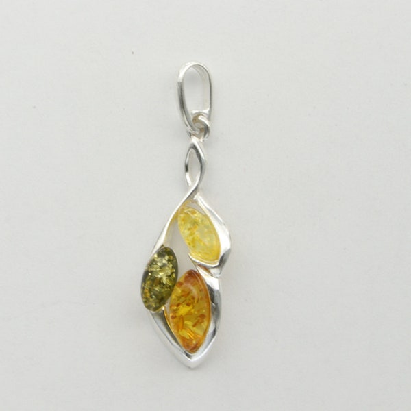 Multi-Color BALTIC AMBER Drop Pendant in 925 Sterling Silver - Genuine and Natural Gemstone from Poland