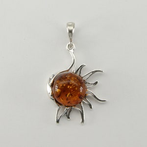 Cognac / Brown - BALTIC AMBER Sun and Moon Pendant in 925 Sterling Silver - Genuine and Natural  Gemstone from Poland