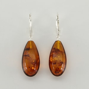 Genuine and Natural - Cognac / Brown - Oval BALTIC AMBER - Dangle / Drop Leverback Earrings in 925 Sterling Silver - Poland
