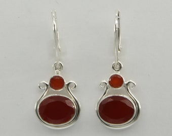 Faceted Oval and Round Orange Carnelian /  Cornelian Earrings - 925 Sterling Silver - Natural and Genuine Gemstone - Leverback