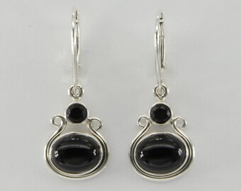 Oval and Round Black Onyx Teardrop Dangle Leverback Earrings - 925 Sterling Silver Lever back - Natural and Genuine Black Onyx Gemstone