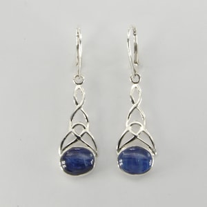 Oval Blue Kyanite Celtic Leverback Dangle Earrings - 925 Sterling Silver - Lever back - Natural and Genuine Gemstone