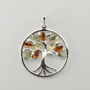 Multi-Color / Multicolor BALTIC AMBER Tree of Life Pendant in 925 Sterling Silver - Natural and Genuine Gemstone from Poland