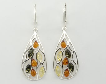 Genuine and Natural Multi-Color Dangle BALTIC AMBER Drop Earrings in 925 Sterling Silver - Leverback / Lever Back closing - Multicolor