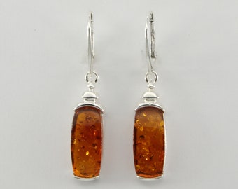 Genuine and Natural Cognac / Brown BALTIC AMBER Dangle / Drop Square / Rectangle Leverback Earrings in 925 Sterling Silver - Poland