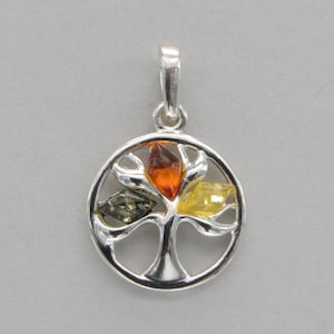 Multi-Color BALTIC AMBER Tree of Life Pendant in 925 Sterling Silver - Natural and Genuine fossilized Resin from Poland