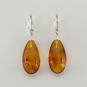Genuine and Natural - Cognac / Brown - Oval BALTIC AMBER - Dangle / Drop Leverback Earrings in 925 Sterling Silver - Poland