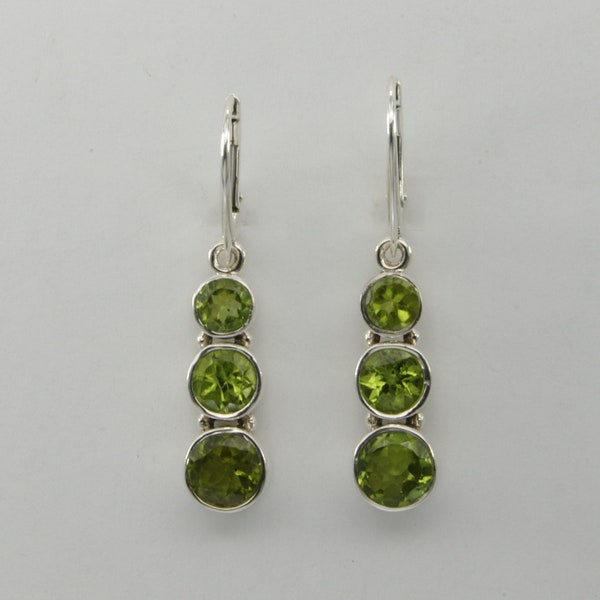 Genuine and Natural Green PERIDOT Dangle Triple Earrings in 925 Sterling Silver with Leverback / Lever Back closing / Fench Hooks