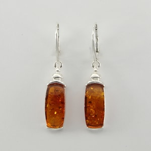 Genuine and Natural Cognac / Brown BALTIC AMBER Dangle / Drop Square / Rectangle Leverback Earrings in 925 Sterling Silver - Poland