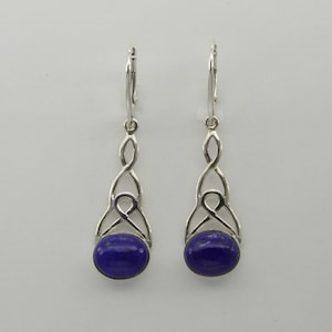 Oval Blue LAPIS LAZULI Celtic Dangle Earrings in 925 Sterling Silver with Leverback / Lever Back closing - Genuine and Natural Gemstone