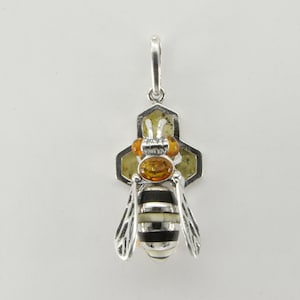 Natural and Genuine Multi-Color BALTIC AMBER Honey Bee Pendant in 925 Sterling Silver (Poland)