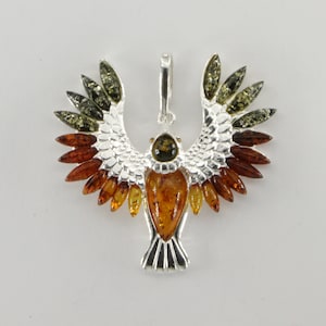 Multi-Color BALTIC AMBER Phoenix / Eagle Pendant in 925 Sterling Silver Natural and Genuine Gemstone from Poland