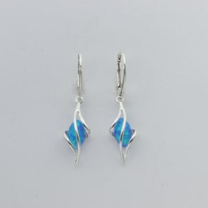 Oval Blue FIRE OPAL Dangle Swirl Earrings in 925 Sterling Silver / Leverback / Lever back