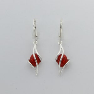 Oval Red FIRE OPAL Dangle Swirl Earrings in 925 Sterling Silver / Leverback / Lever back