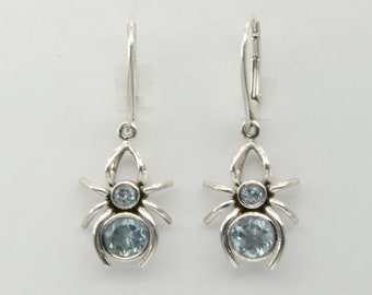 Faceted BLUE TOPAZ Spider Dangle Earrings in 925 Sterling Silver with Leverback / Lever Back closing / Genuine and Natural Gemstone