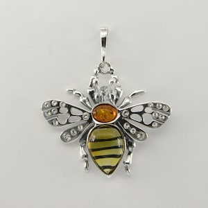 Natural and Genuine Cognac / Brown BALTIC AMBER Bumble Bee Pendant in 925 Sterling Silver (Poland)