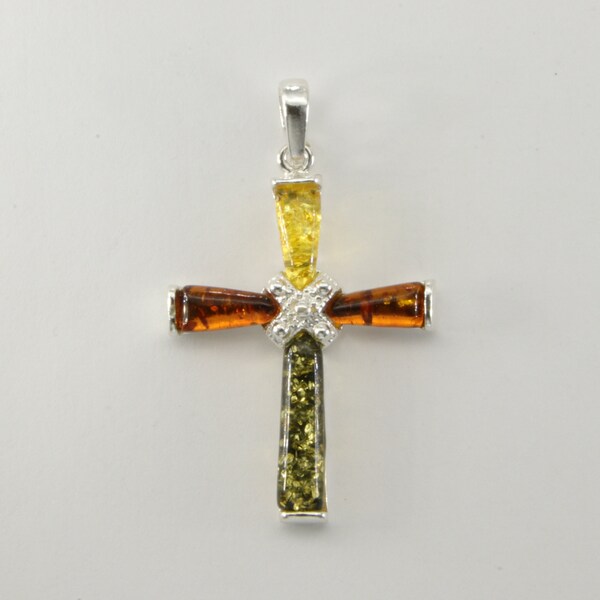 Multi-Color - BALTIC AMBER Cross Pendant in 925 Sterling Silver - Genuine and Natural Gemstone from Poland