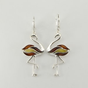Genuine and Natural - Multi-Color - Flamingo BALTIC AMBER - Dangle / Drop Leverback Earrings in 925 Sterling Silver - Poland