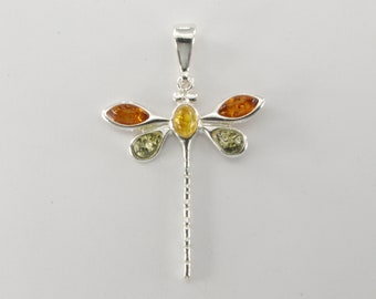 Multi-Color BALTIC AMBER Dragonfly Pendant in 925 Sterling Silver - Natural Genuine Gemstone from Poland