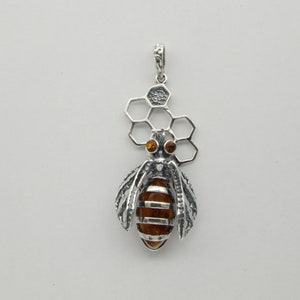 Genuine and Natural Cognac / Brown BALTIC AMBER Honey Comb Bee Pendant in 925 Sterling Silver - Poland