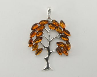 Cognac / Brown BALTIC AMBER Tree of Life Pendant in 925 Silver Sterling Setting - Natural and Fossilized Resin from Poland - Necklace