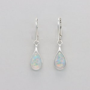 White FIRE OPAL Pear / Teardrop Dangle Earrings in 925 Sterling Silver / Leverback / Lever back