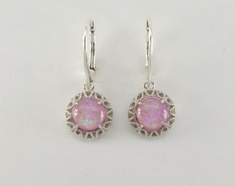 Pink - FIRE OPAL Circle / Round - Dangle / Drop - Leverback - Earrings in 925 Sterling Silver