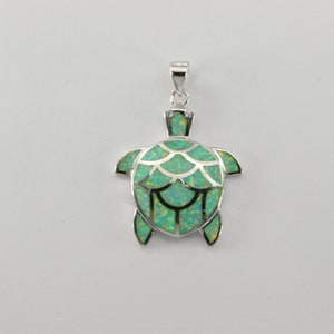 Green - FIRE OPAL Turtle / Tortoise - 925 Sterling Silver Pendant with a Rhodium finish