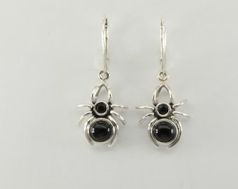 Black Onyx Spider Leverback Dangle Earrings - 925 Sterling Silver - Lever back - Natural and Genuine Black Onyx Gemstone