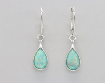 Light GreenFire Opal Dangle Leverbacks Earrings - 925 Sterling Silver - Lever back - Teardrop / Pear / Drop / Dangle