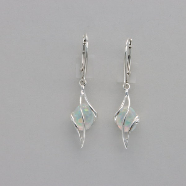 Oval White FIRE OPAL Dangle Swirl Earrings in 925 Sterling Silver / Leverback / Lever back