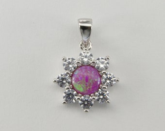 Pink Fire Opal Sun Pendant: Sterling Silver CZ Floral