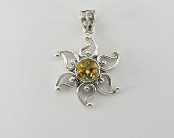 Yellow Round Citrine Dangle Sun / Star Pendant - 925 Sterling Silver - Faceted Natural and Genuine Gemstone from Brazil