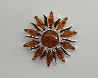 Cognac / Brown BALTIC AMBER Sun / Star Pendant in 925 Silver Setting Setting - Natural and Fossilized Resin from Poland - Necklace