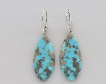 Natural Blue Oval TURQUOISE Drop / Dangle Leverback Earrings in 925 STERLING SILVER - Genuine Gemstone from Mexico - Lever back