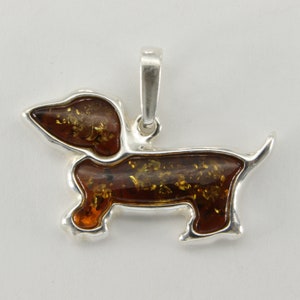 Natural and Genuine Cognac / Brown / Golden BALTIC AMBER Dog Pendant in 925 Sterling Silver (Poland)