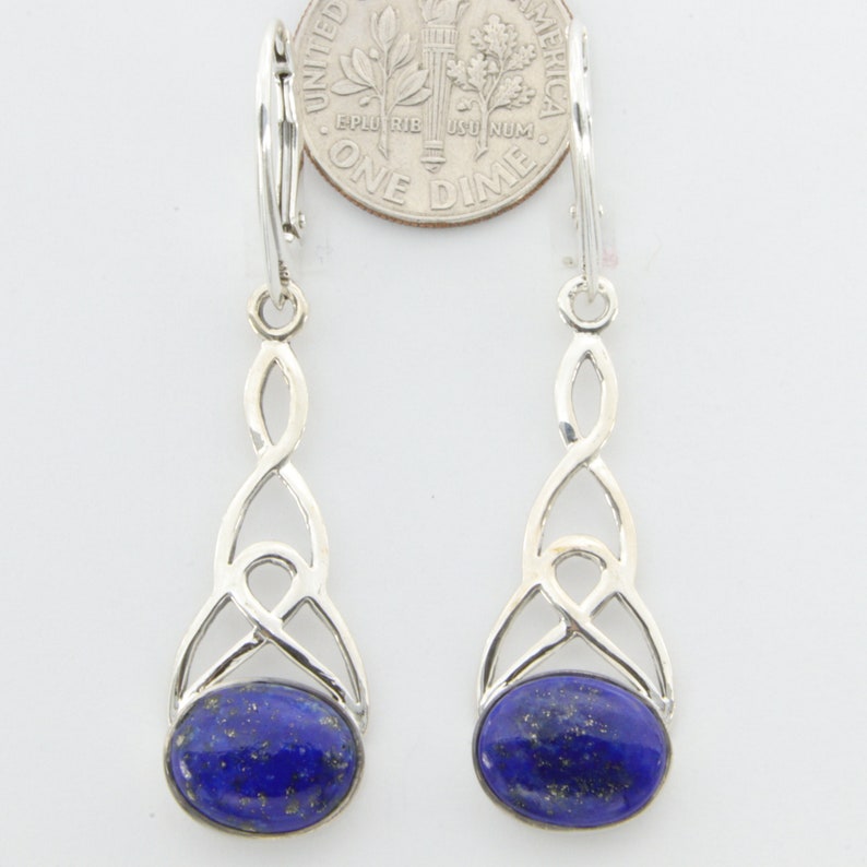 Genuine and Natural Blue Celtic LAPIS LAZULI Oval Dangle Earrings in 925 Sterling Silver with Leverback Lever Back closing