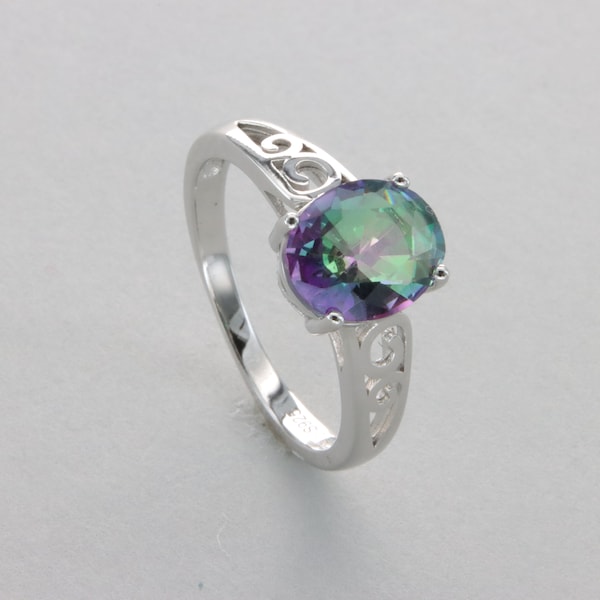 Oval - MYSTIC TOPAZ Ring in 925 Sterling SILVER - Rhodium finished - Genuine and Natural Gemstone - Aurora Borealis