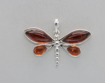 Baltic Amber Dragonfly Pendant: Cognac Brown Sterling Silver