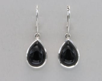 Drop / Pear Black Onyx Teardrop Dangle Leverback Earrings - 925 Sterling Silver - Lever back - Natural and Genuine Black Onyx Gemstone