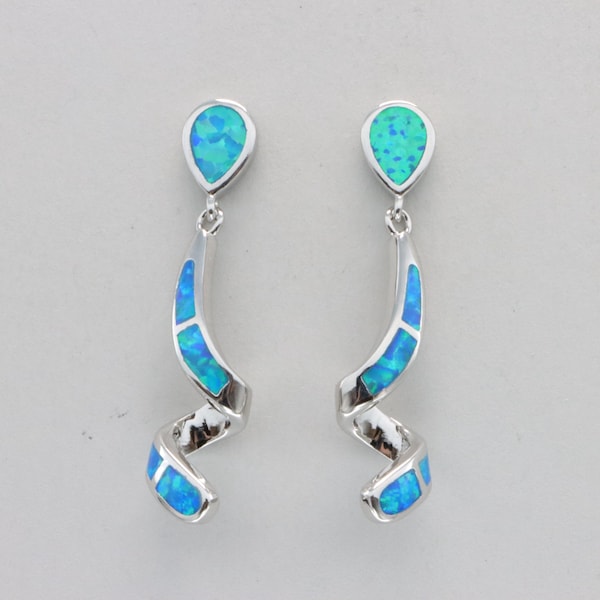 Swirl Dangle Blue FIRE OPAL Drop Post Earrings in 925 Sterling Silver in a Rhodium finish