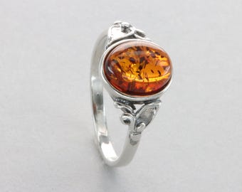 Oval - Cognac / Brown BALTIC AMBER Ring - 925 Sterling Silver - Natural and Genuine Gemstone / Fossilized Resin from Poland