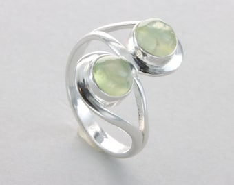 Twin Round / Circle Green PREHNITE Ring in 925 STERLING SILVER - Genuine and Natural Gemstone
