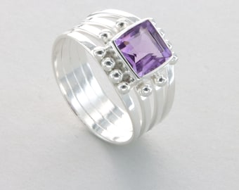 Square Purple Amethyst Rectangle Ring - 925 Sterling Silver - Natural and Genuine Faceted Gemstone from Brazil - Violett