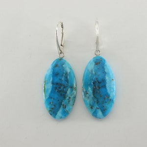 Oval Blue TURQUOISE Dangle Leverback Earrings in 925 STERLING SILVER - Genuine and Natural Gemstone