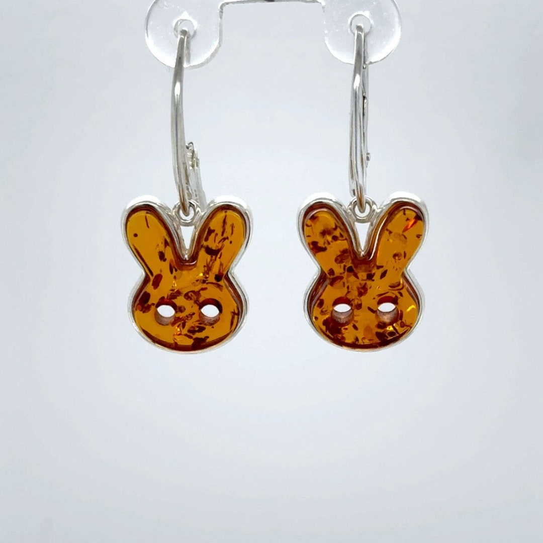Cognac / Brown BALTIC AMBER Bunny Rabbit Easter Leverback Earrings 925 ...