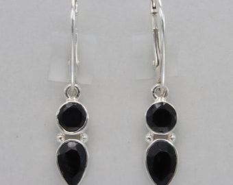 Round and Drop Black Onyx Teardrop Dangle Leverback Earrings - 925 Sterling Silver - Lever back - Natural and Genuine Black Onyx Gemstone