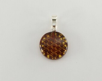 Carved Baltic Amber Flower of Life Pendant: Sterling Silver