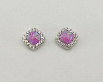 Pink - FIRE OPAL - Stud / Post - Earrings with 16 CZs / Cubic Zirconia in 925 Sterling Silver