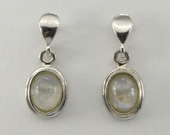 Genuine and Natural Rainbow MOONSTONE Dangle / Drop Post Oval Earrings in 925 STERLING SILVER